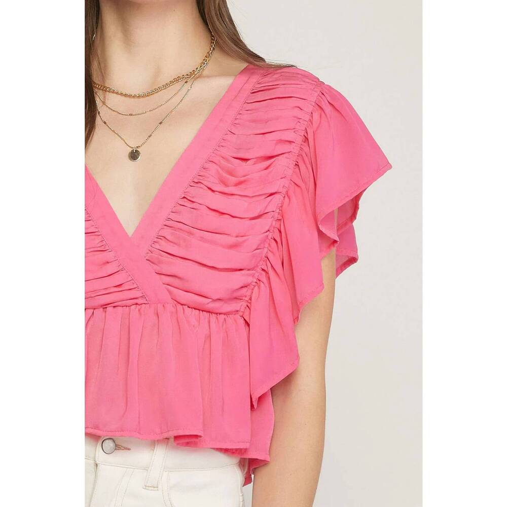 NEW ENTRO solid v-neck butterfly sleeve top in pink - Picture 7 of 8